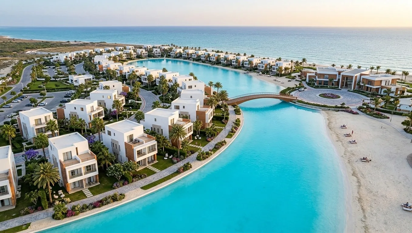 Concept visual of FOUR Ras El Hekma: houses along the water with the beach beyond