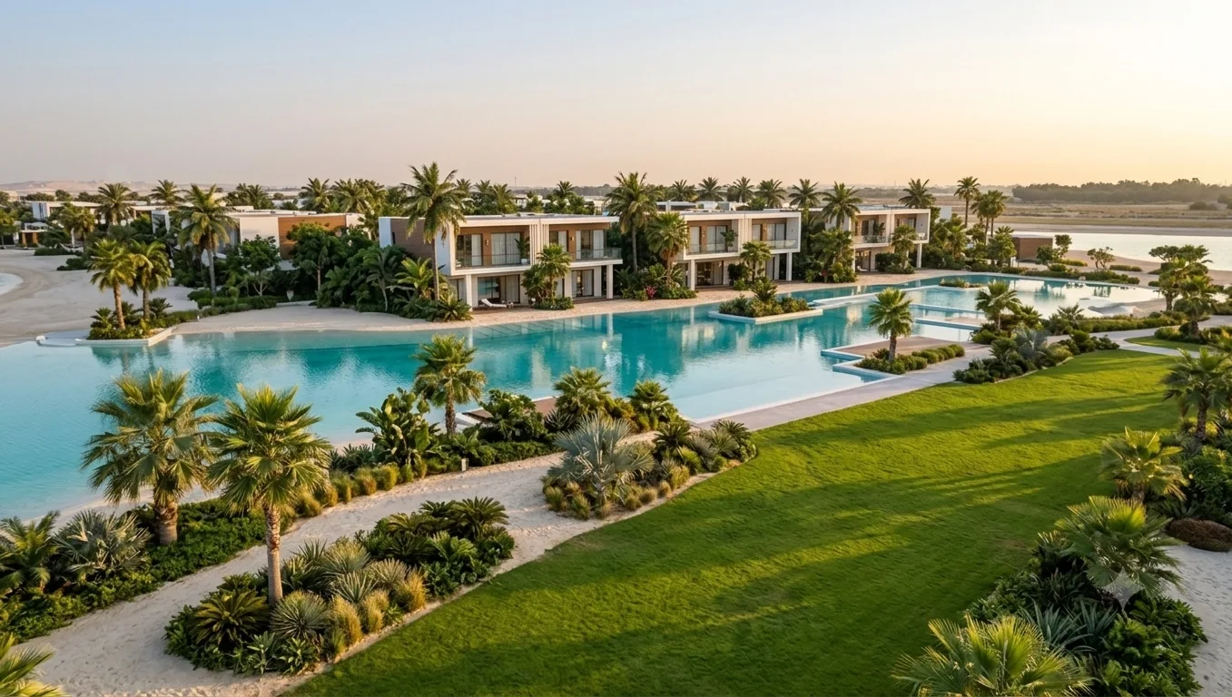 Concept visual of FOUR Ras El Hekma: the water and gardens at dusk