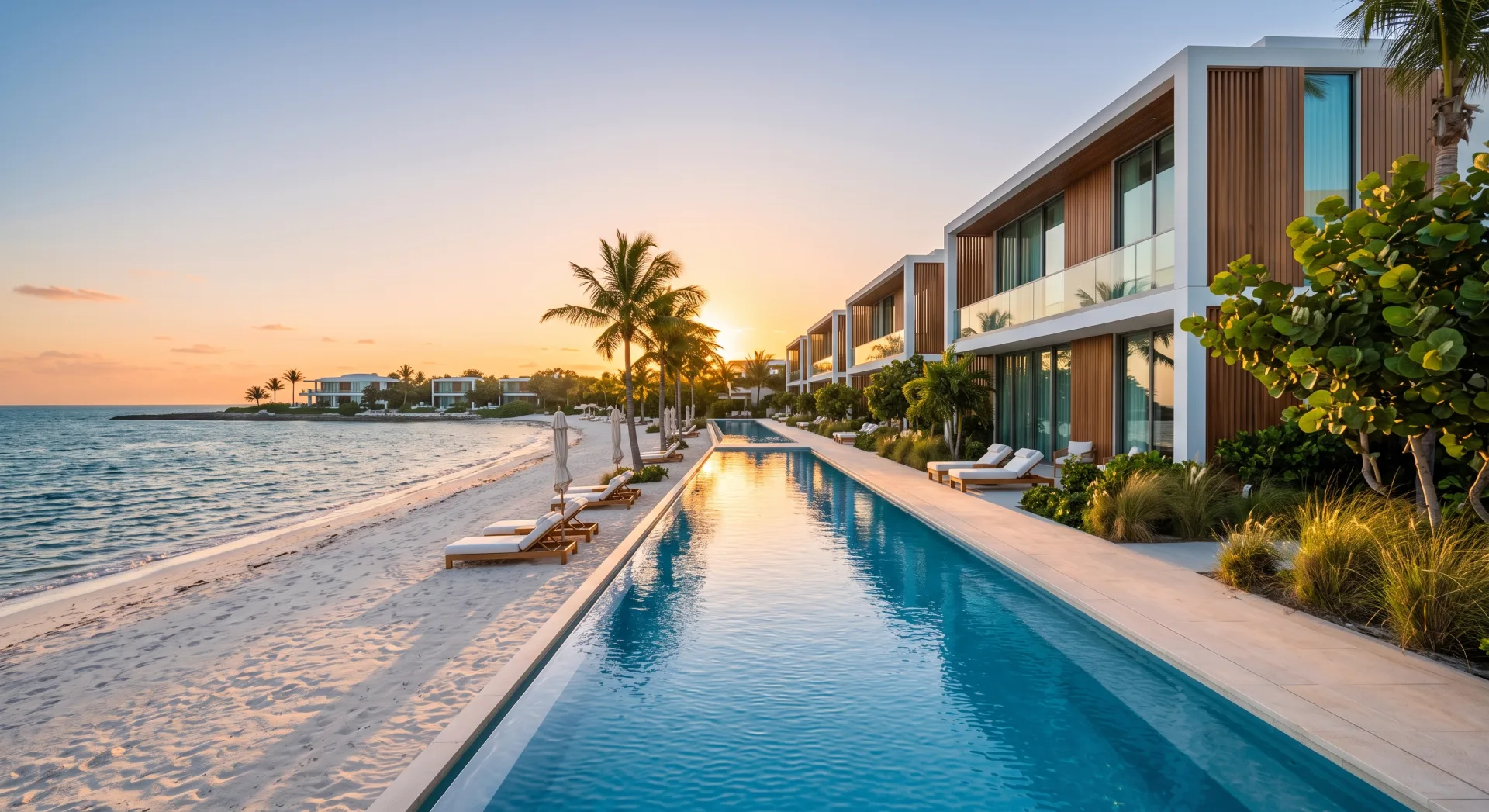 Concept visual of FOUR Ras El Hekma: homes on the shore and a pool at sunset