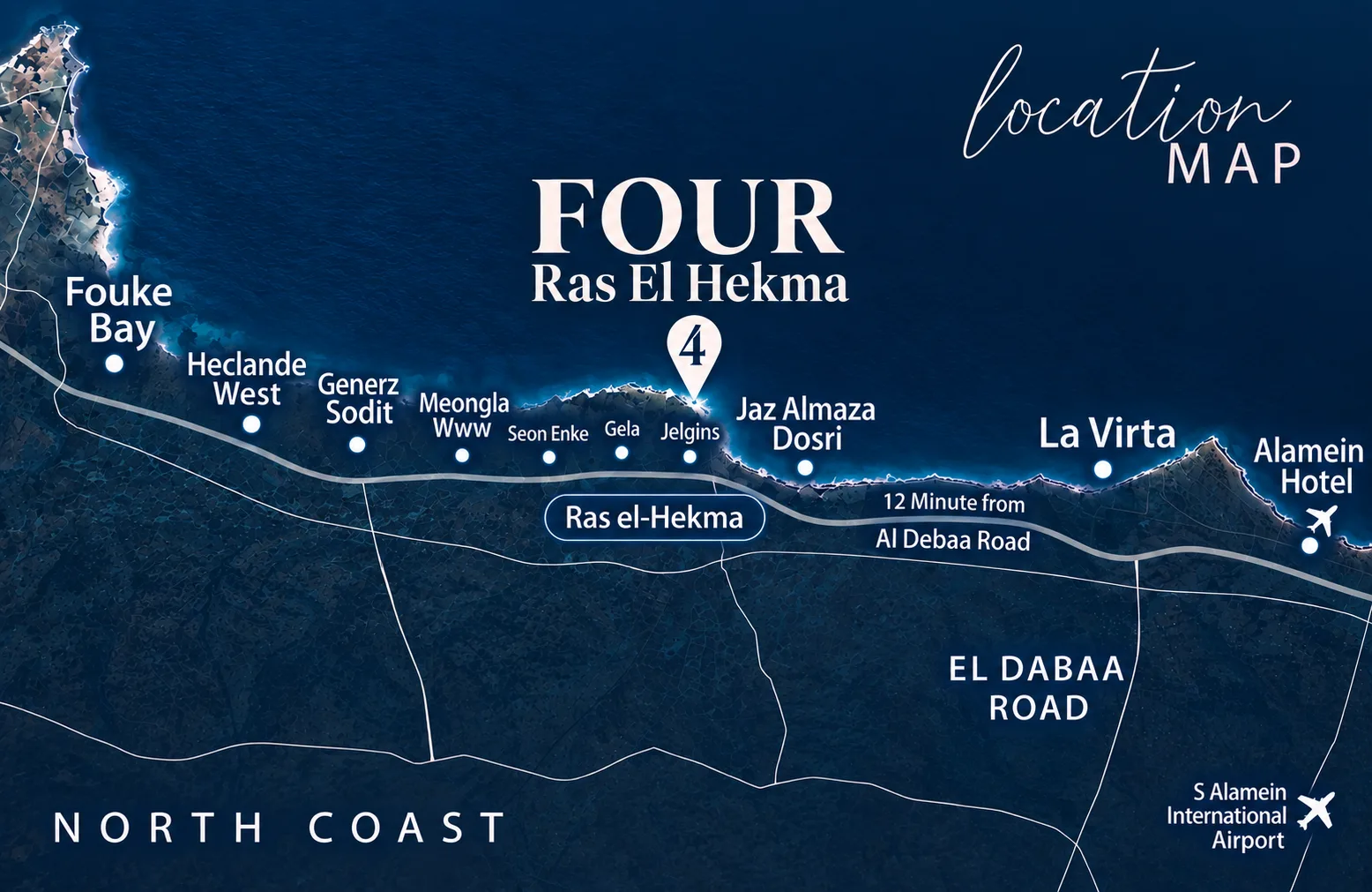 Map showing where FOUR Ras El Hekma sits at KM 180 on the North Coast